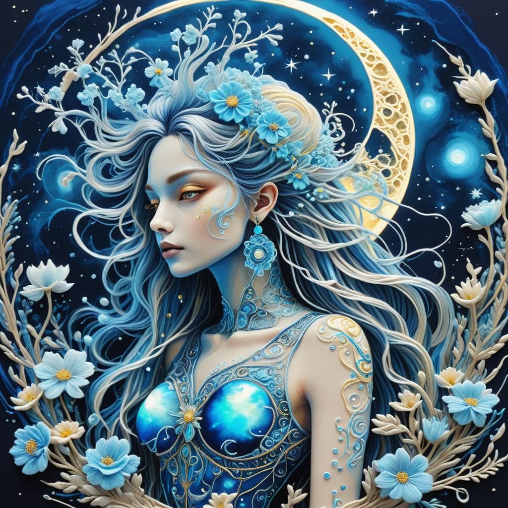 Cosmic Moon Goddess Embroidery Art in Bioluminescent Colors