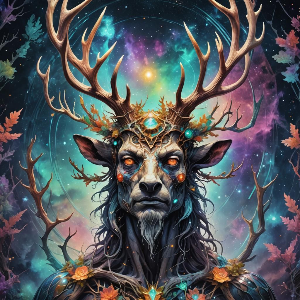 Antlered Humanoid in Cosmic Astral Illustration