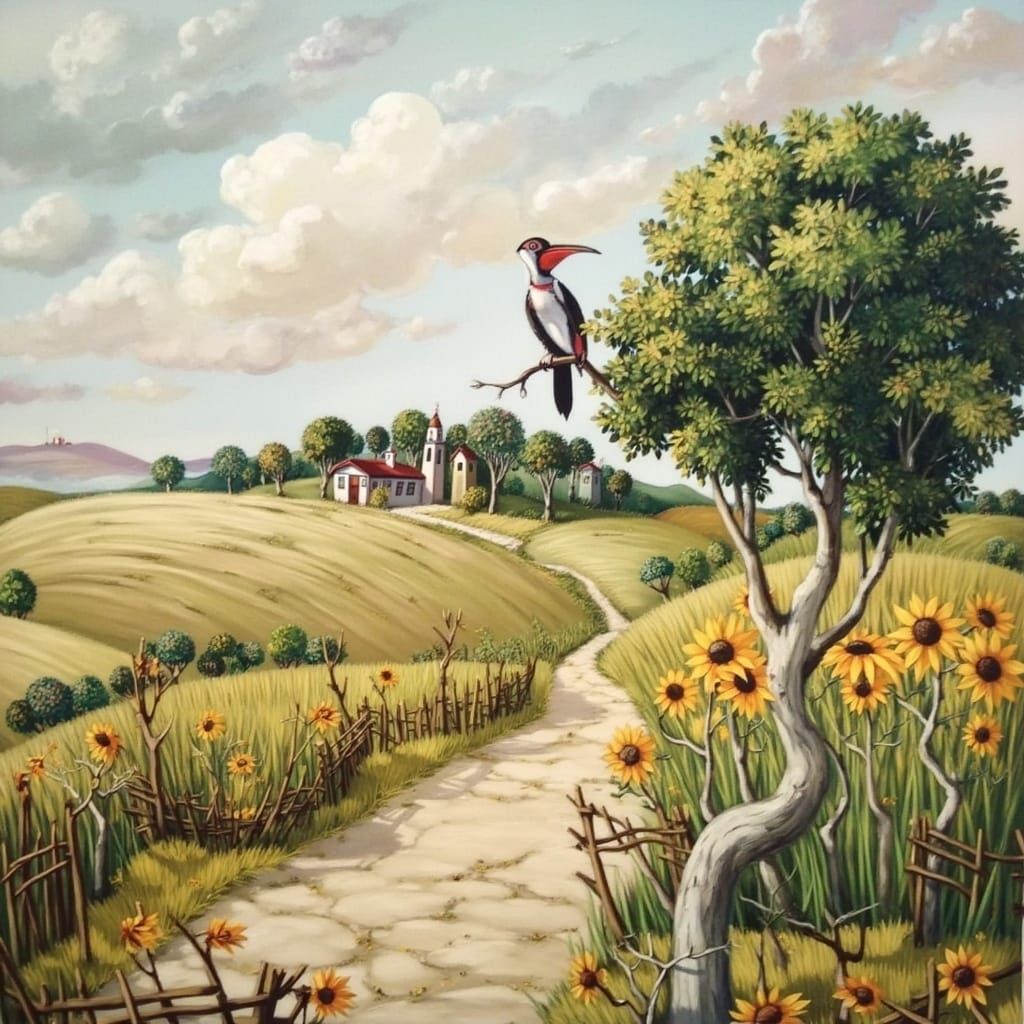 Whimsical Hoopoe Bird in Naive Art Landscape