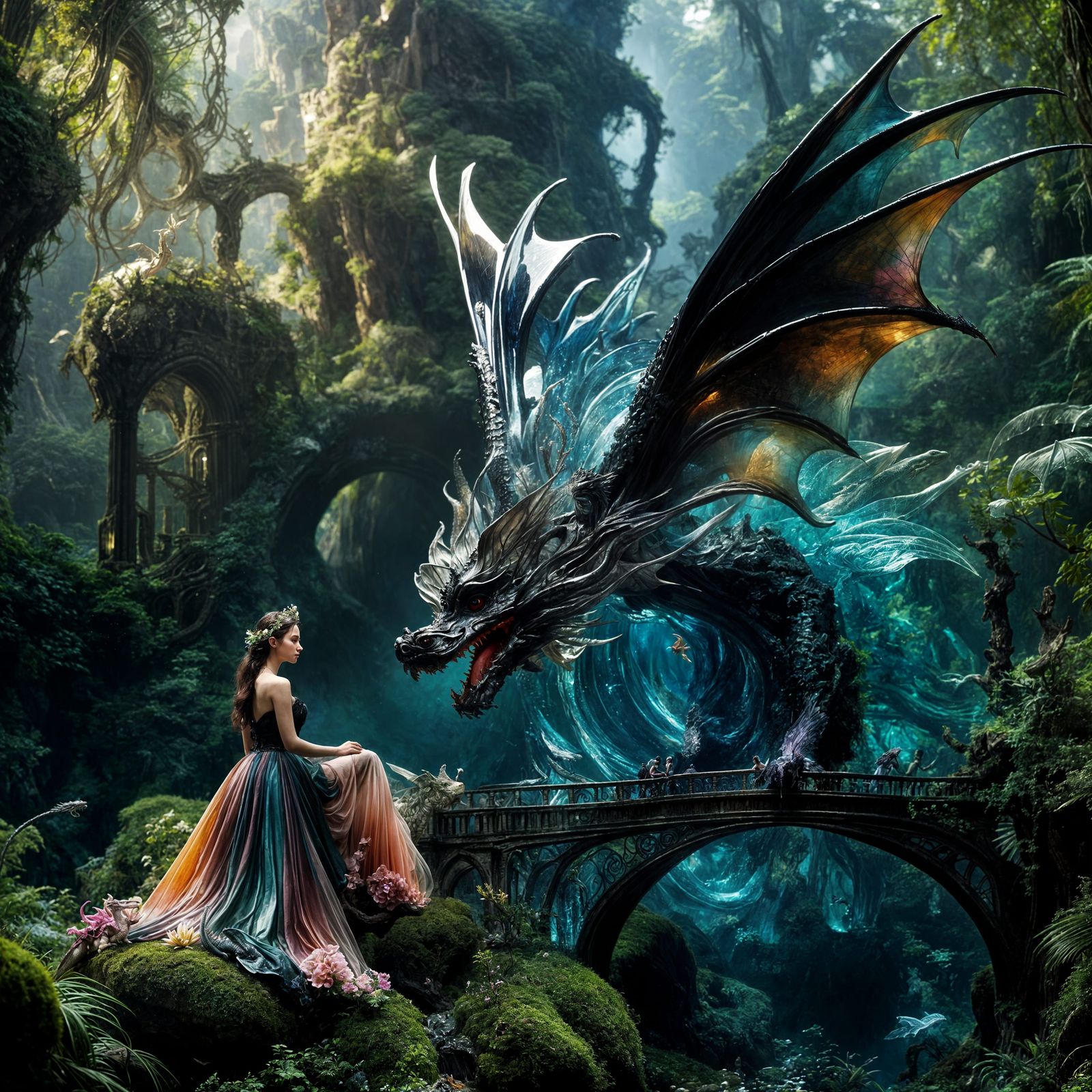 Dragon and Princess in Ancient Ruins, Gothic Fantasy Style