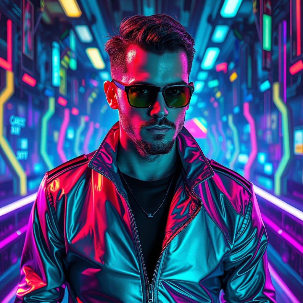 Neon Cyberpunk Portrait in Glitch Art Style