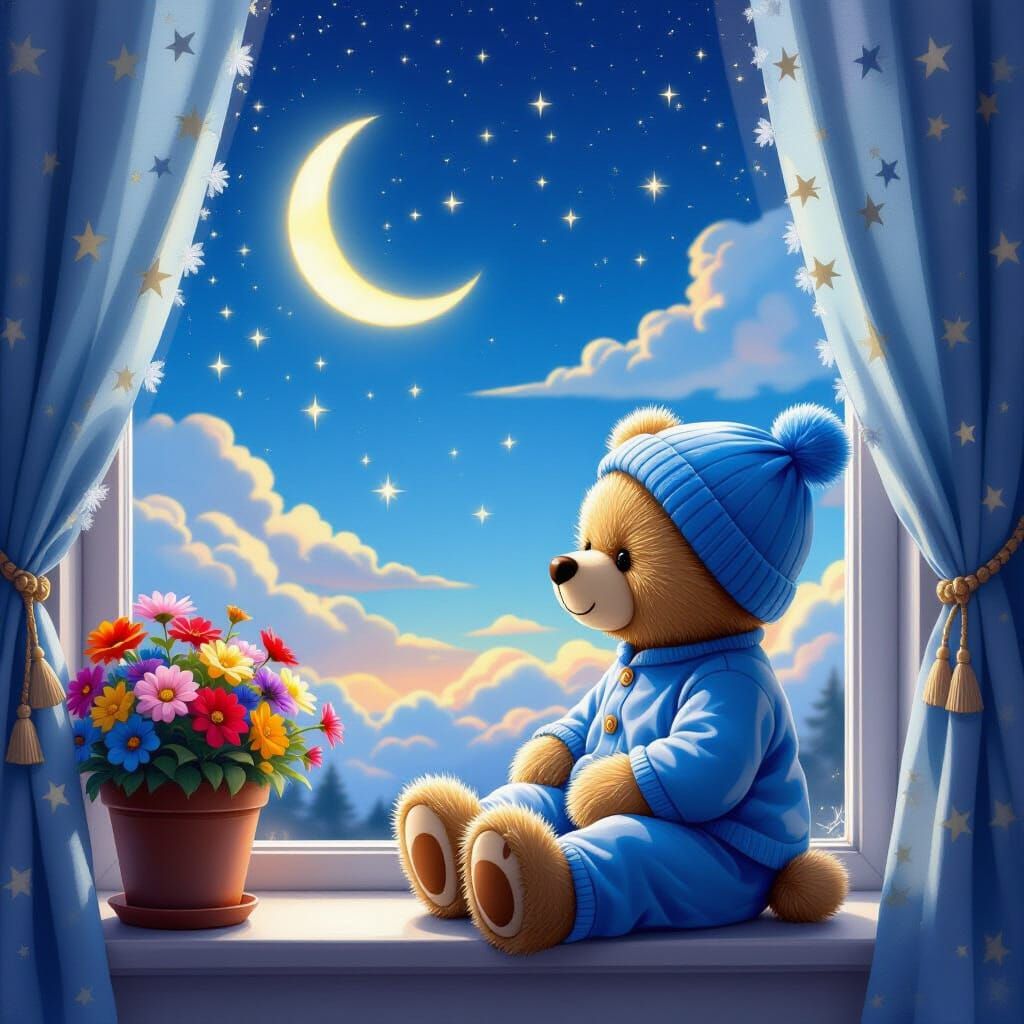 Cute Teddy Bear Gazes at Starry Night Sky