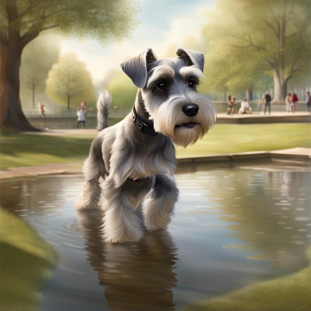 Mini Schnauzer Plays by a Lake