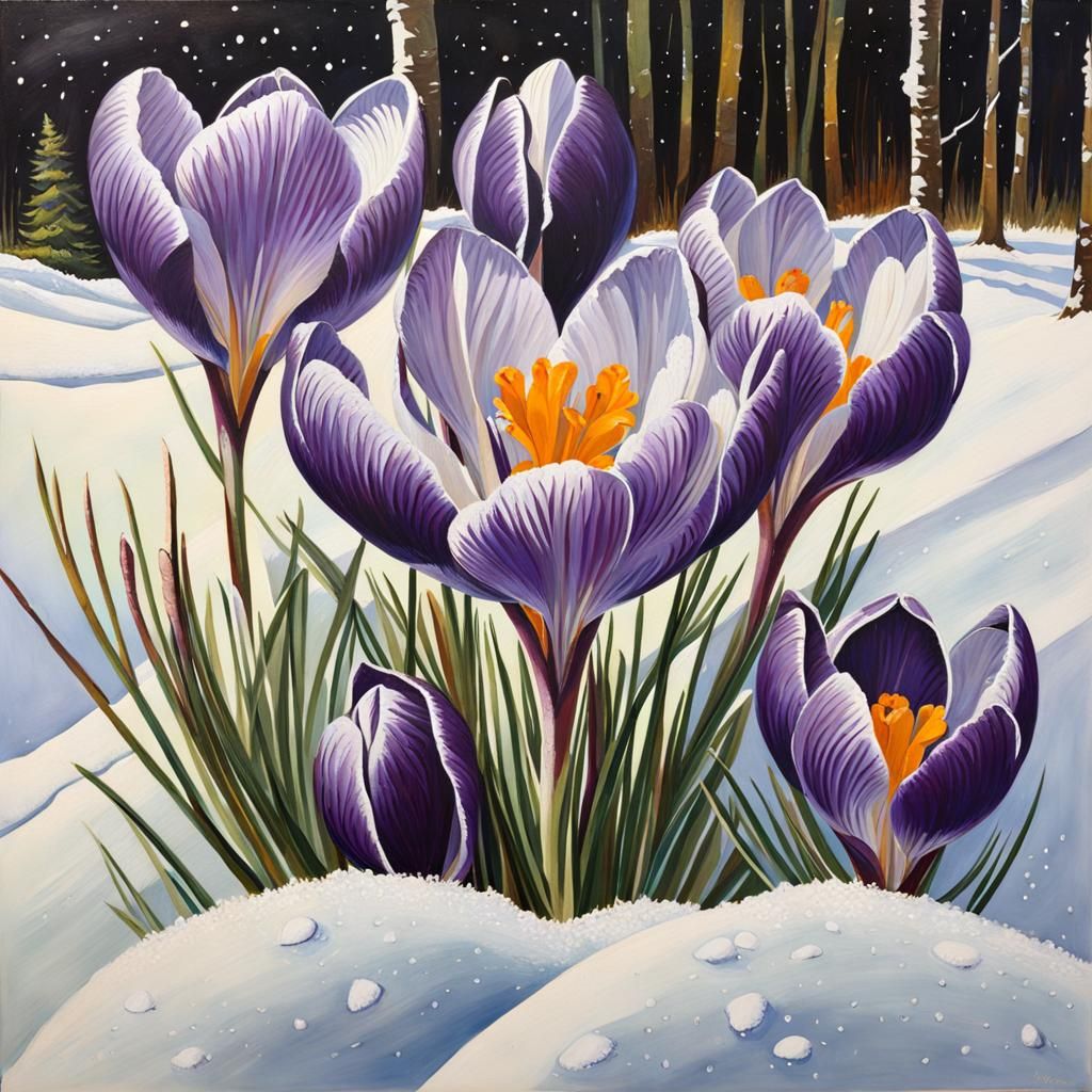 Crocus Blooming Through Snow: Mixed Media Art