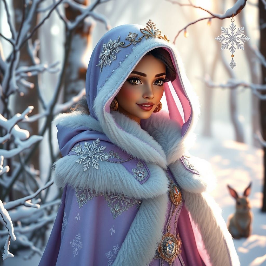 Majestic Princess in Lavender Cloak Walks Winter Wonderland