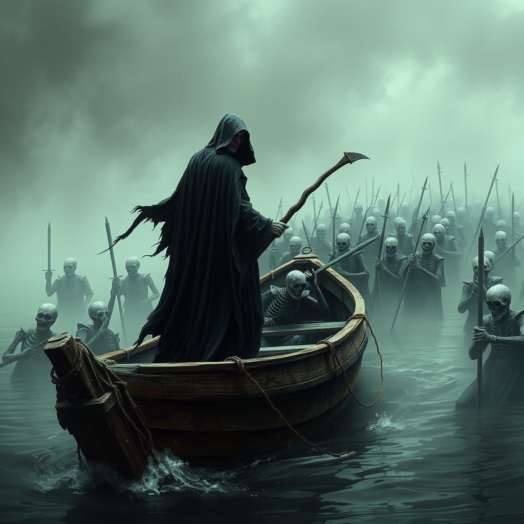 Grim Reaper Navigates River Styx in Haunting Gothic Style