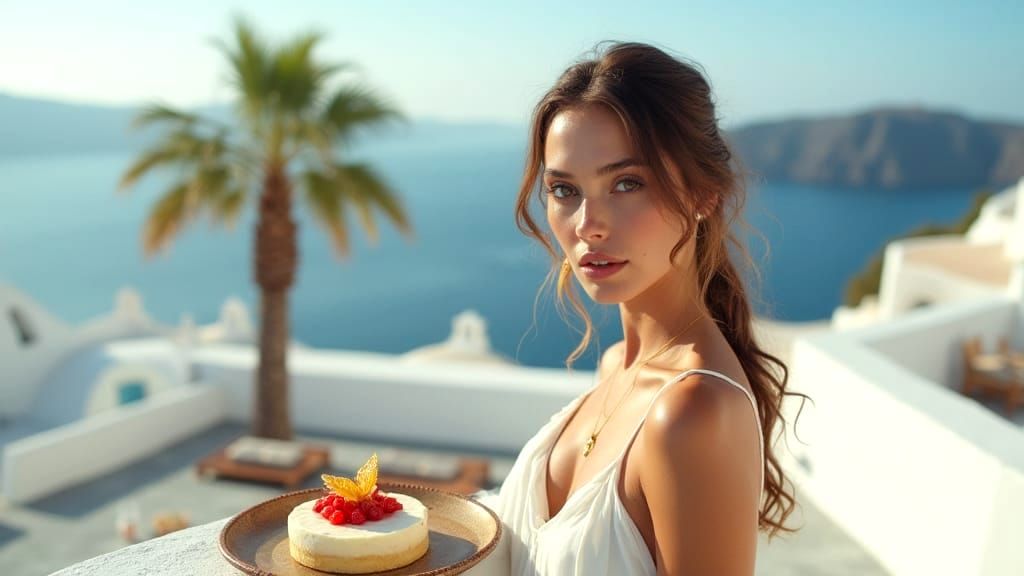 Woman in White Dress Overlooking Aegean Sea in Santorini