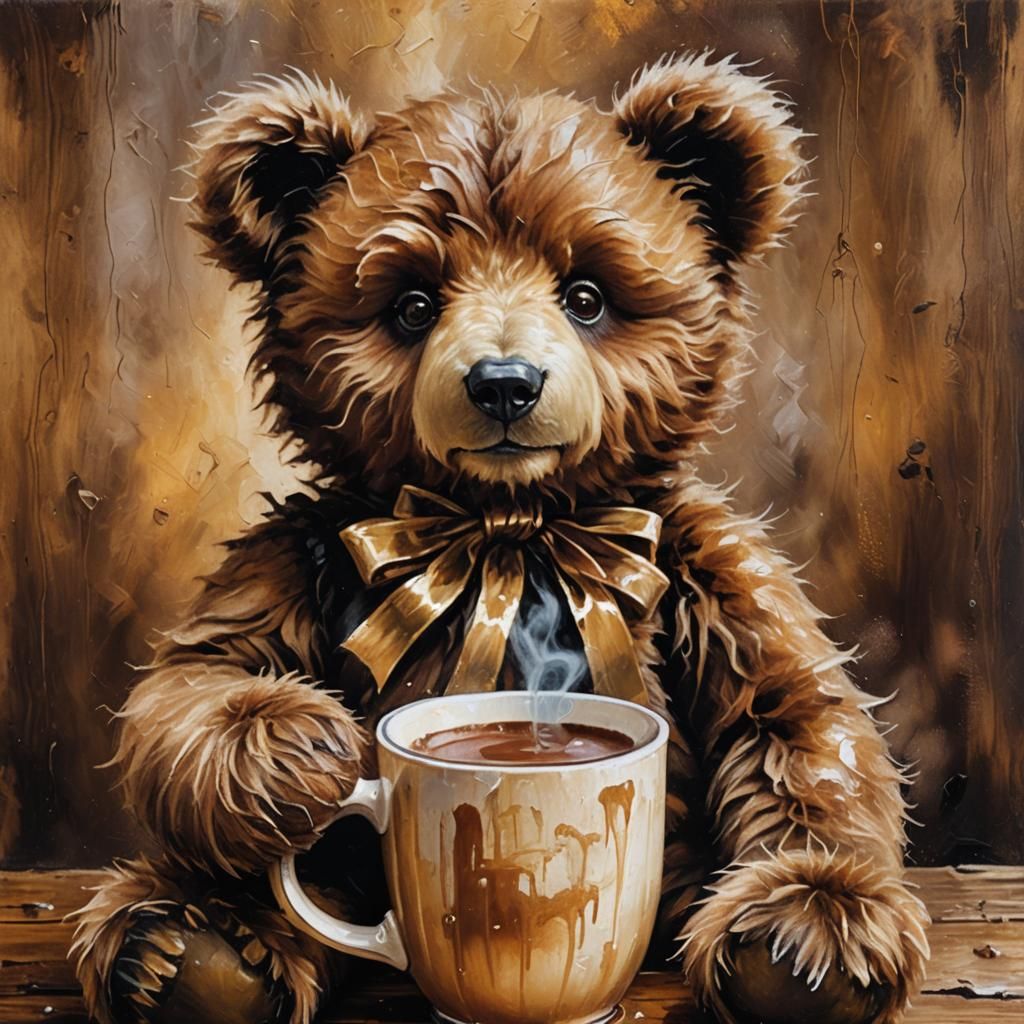 Teddy Bear Drinking Hot Chocolate, Expressionist Oil Paintin...
