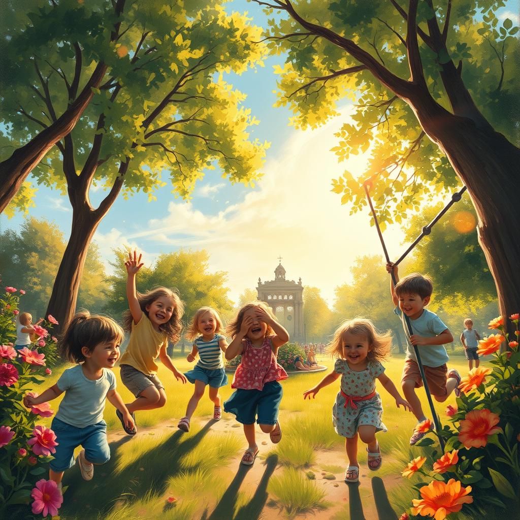 Sunlit Park Scene with Playing Children, Oil Painting