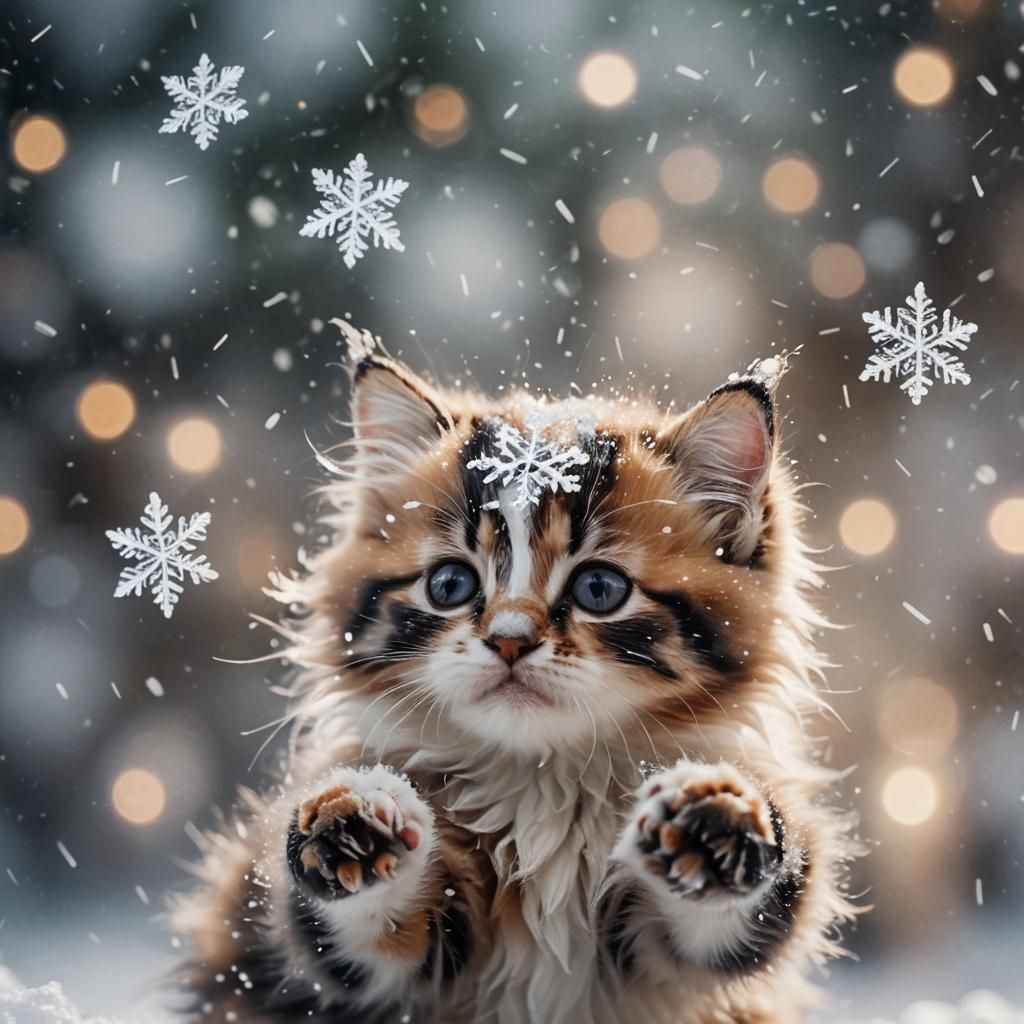 Calico Kitten Reaching for Snowflake in Blizzard