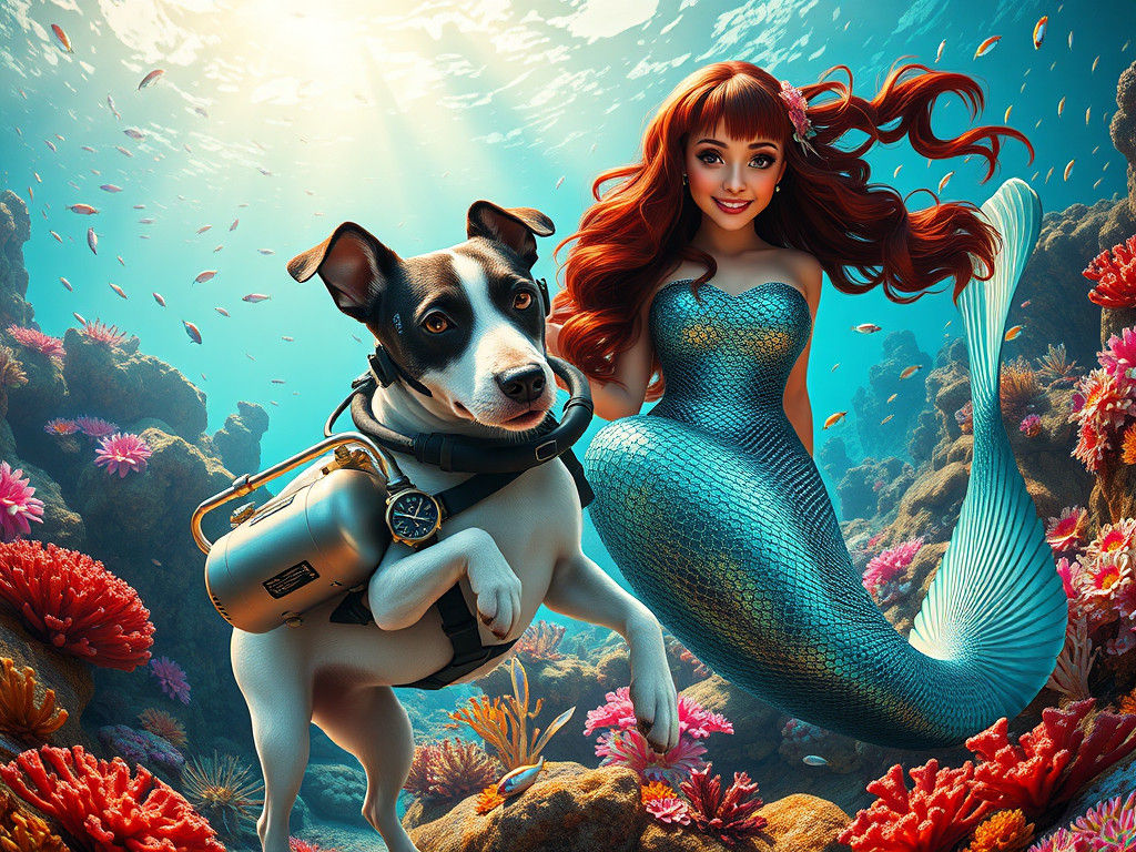 Jack Russell Terrier Scuba Diving with Mermaid