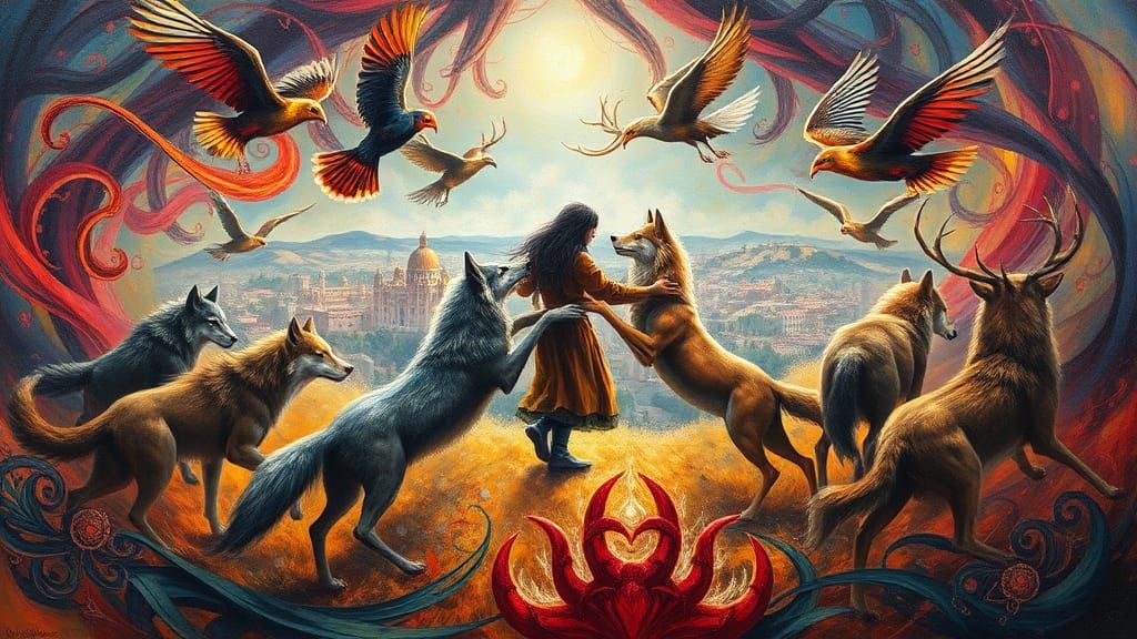 Animals' Dance in Ancient Cityscape, Impasto Painting