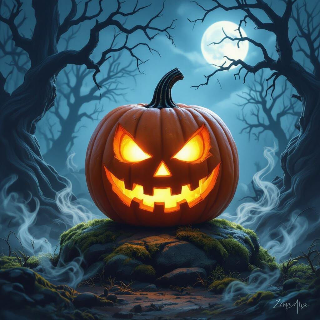 Spooky Jack O'Lantern in Eerie Forest