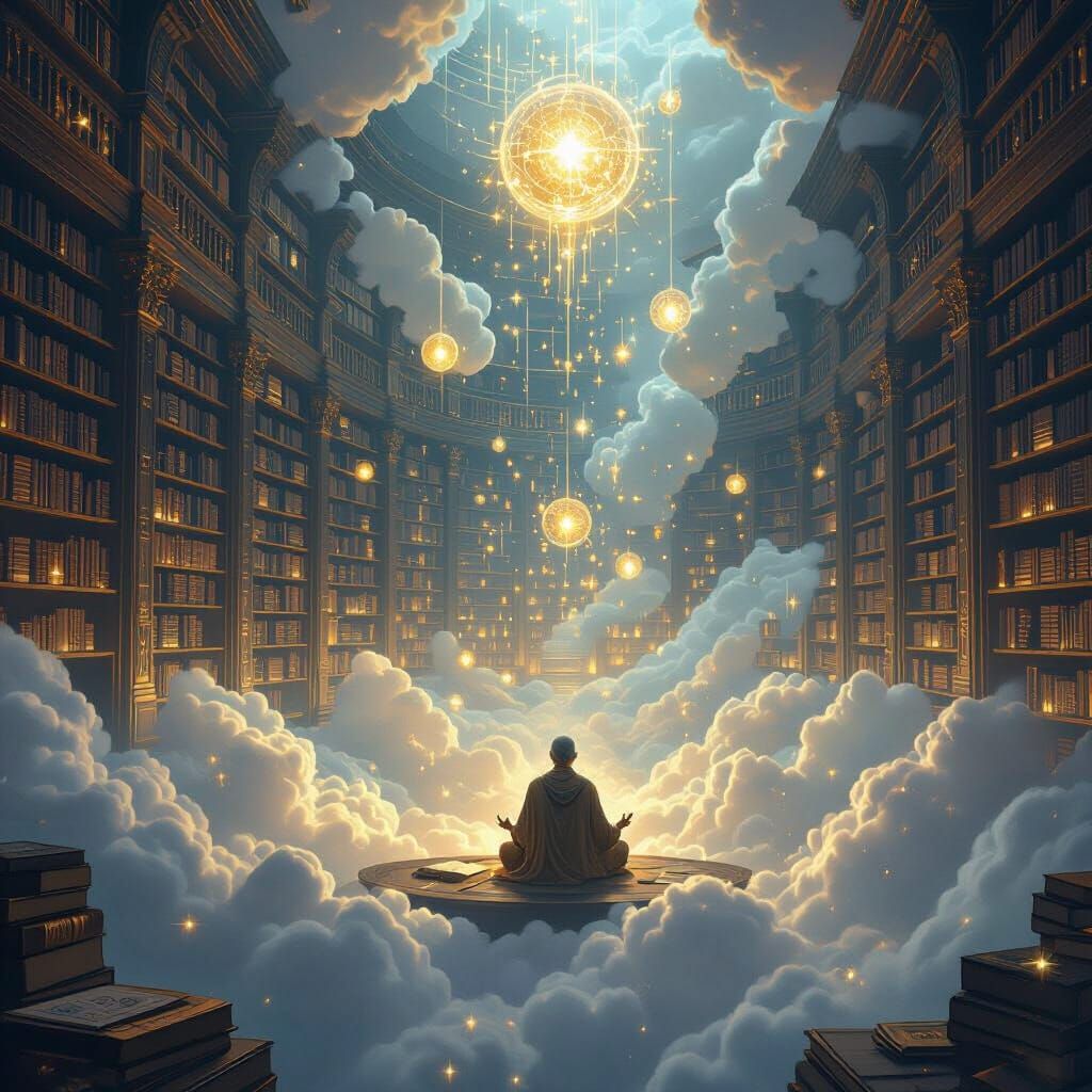 Mystical Library in the Sky with Glowing Books