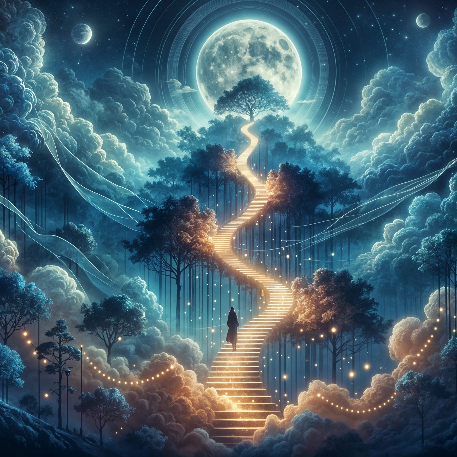 Magical Staircase to Moonlit Forest, Digital Artwork