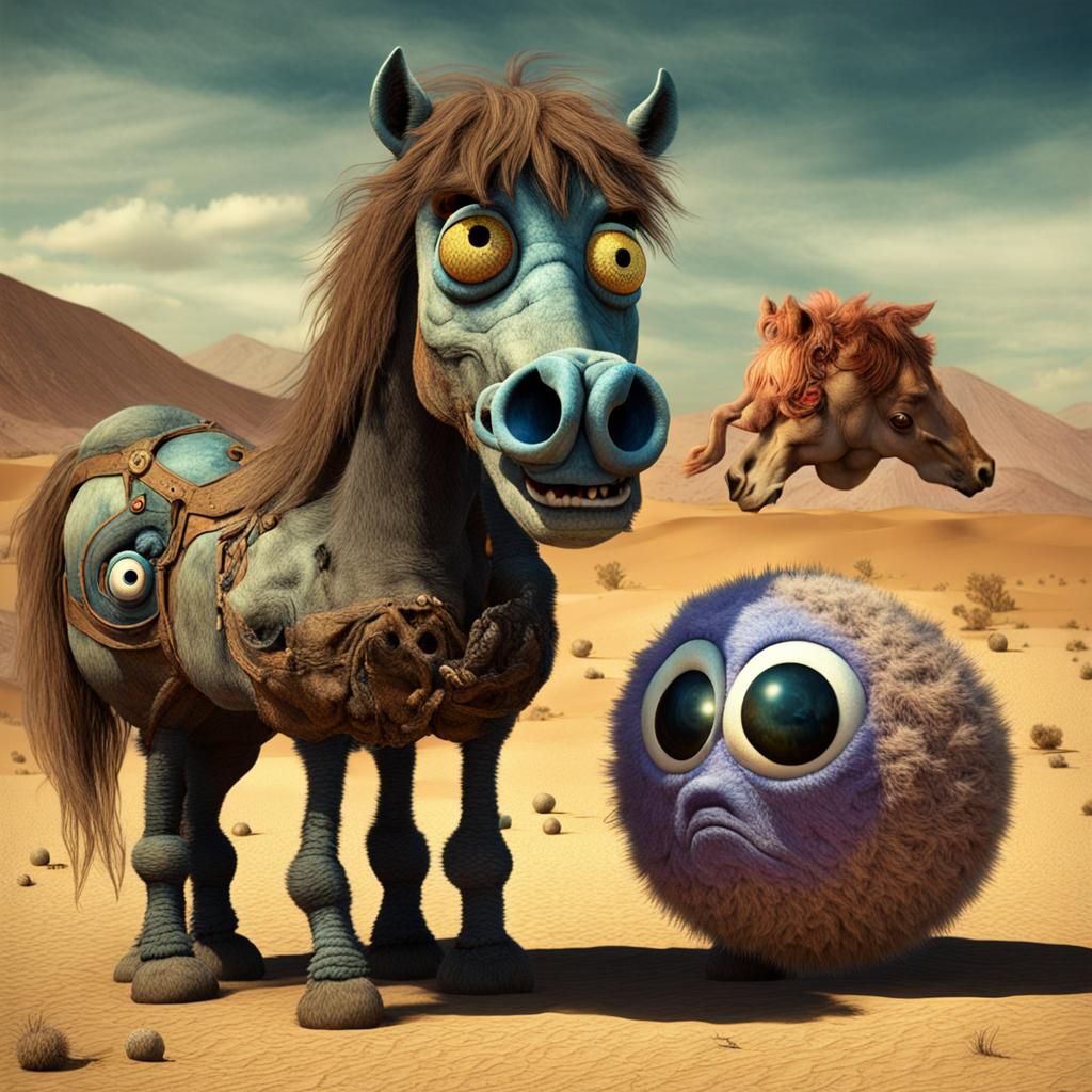 Adorable Fuzzy Creature and Demonic Horse in Desert