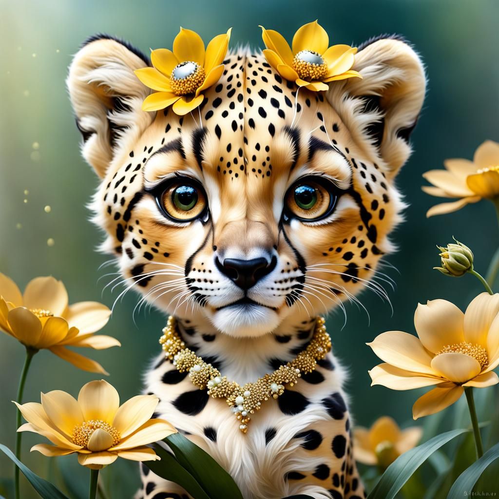 Cheetah cub with flowers