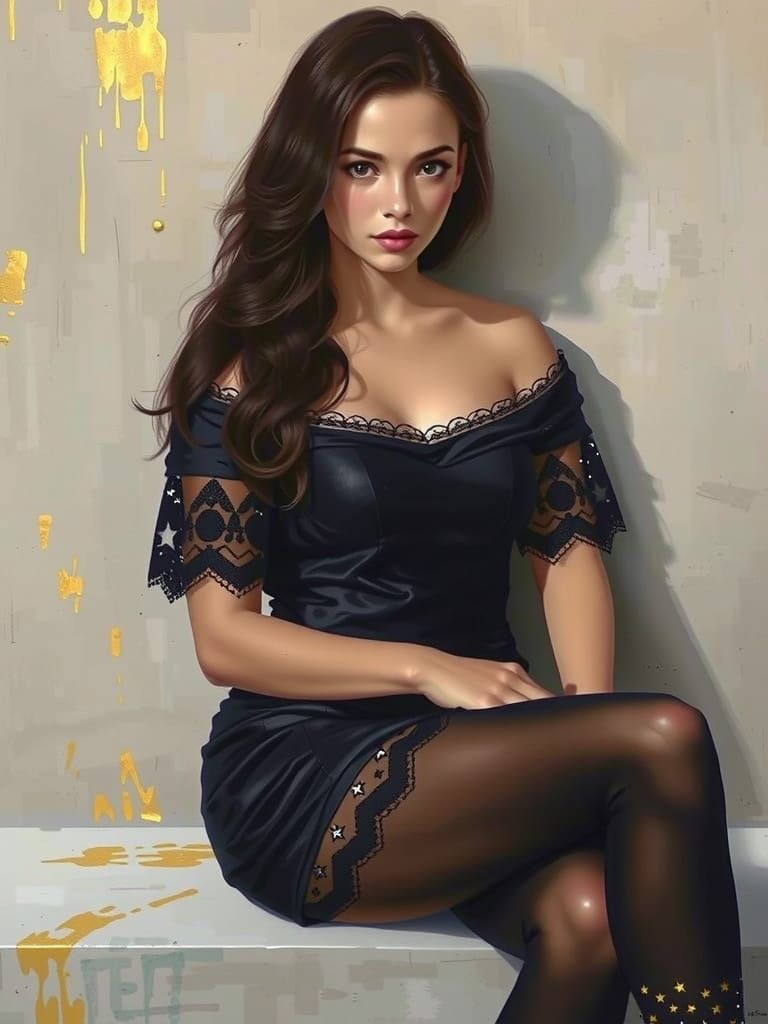 Elegant Woman in Futuristic Uniform with Star Sparkle Hose