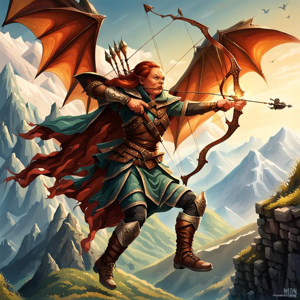 Armored Dwarf Archer Soaring Above Mountains