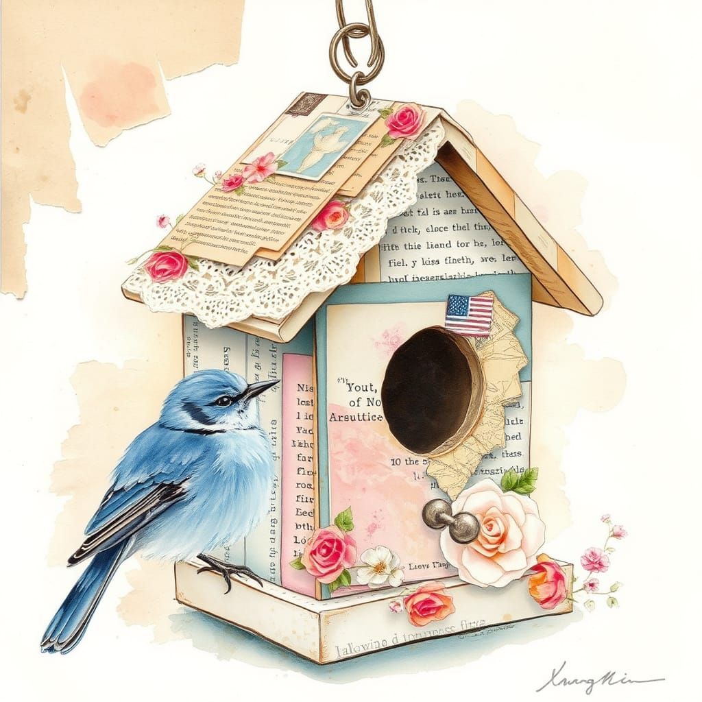 Whimsical Watercolor Birdhouse Scene with Mixed Media Accent...