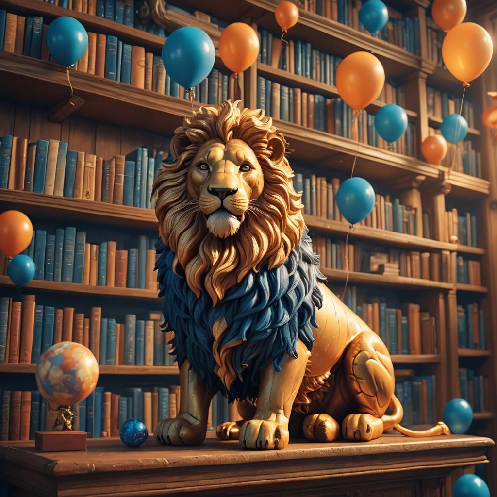 Balloon Lion on Bookshelf: Fantasy Concept Art