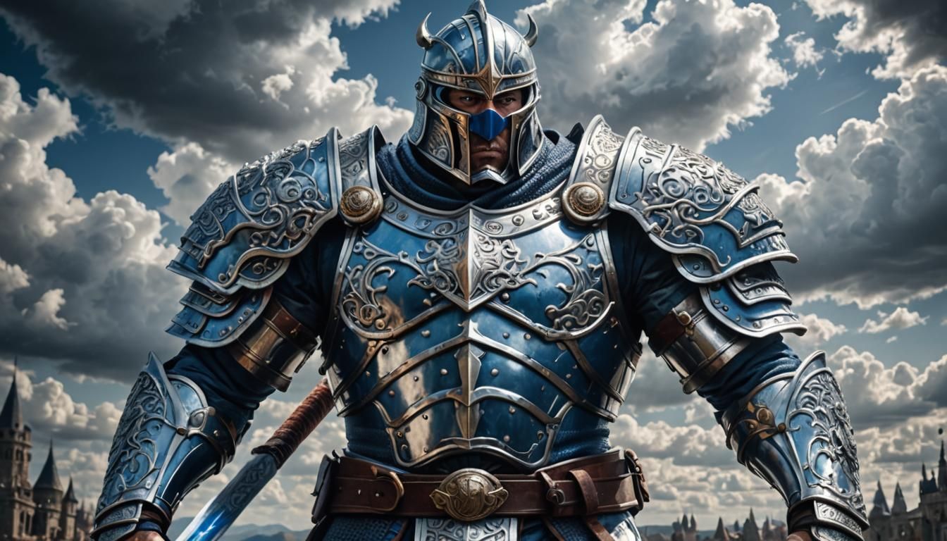 Muscular Armored Warrior with Sword and Shield