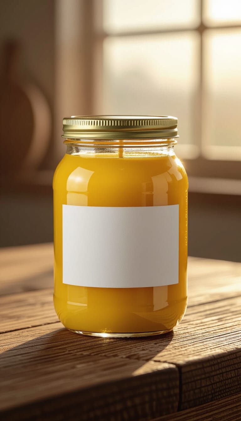 Golden Ghee in Glass Jar, Photorealistic Still Life