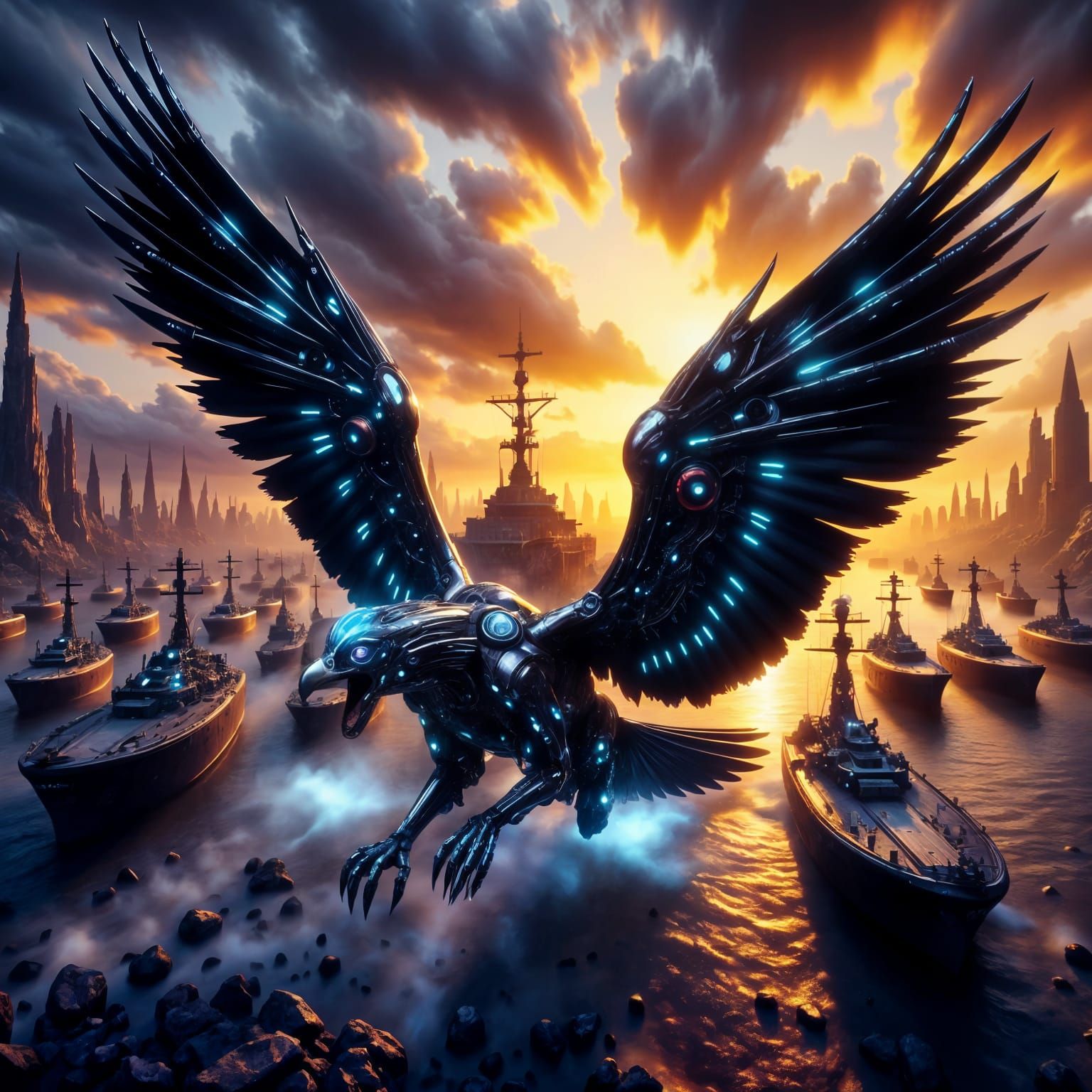 Cybernetic Eagle Soars Over Dark Fantasy Warships