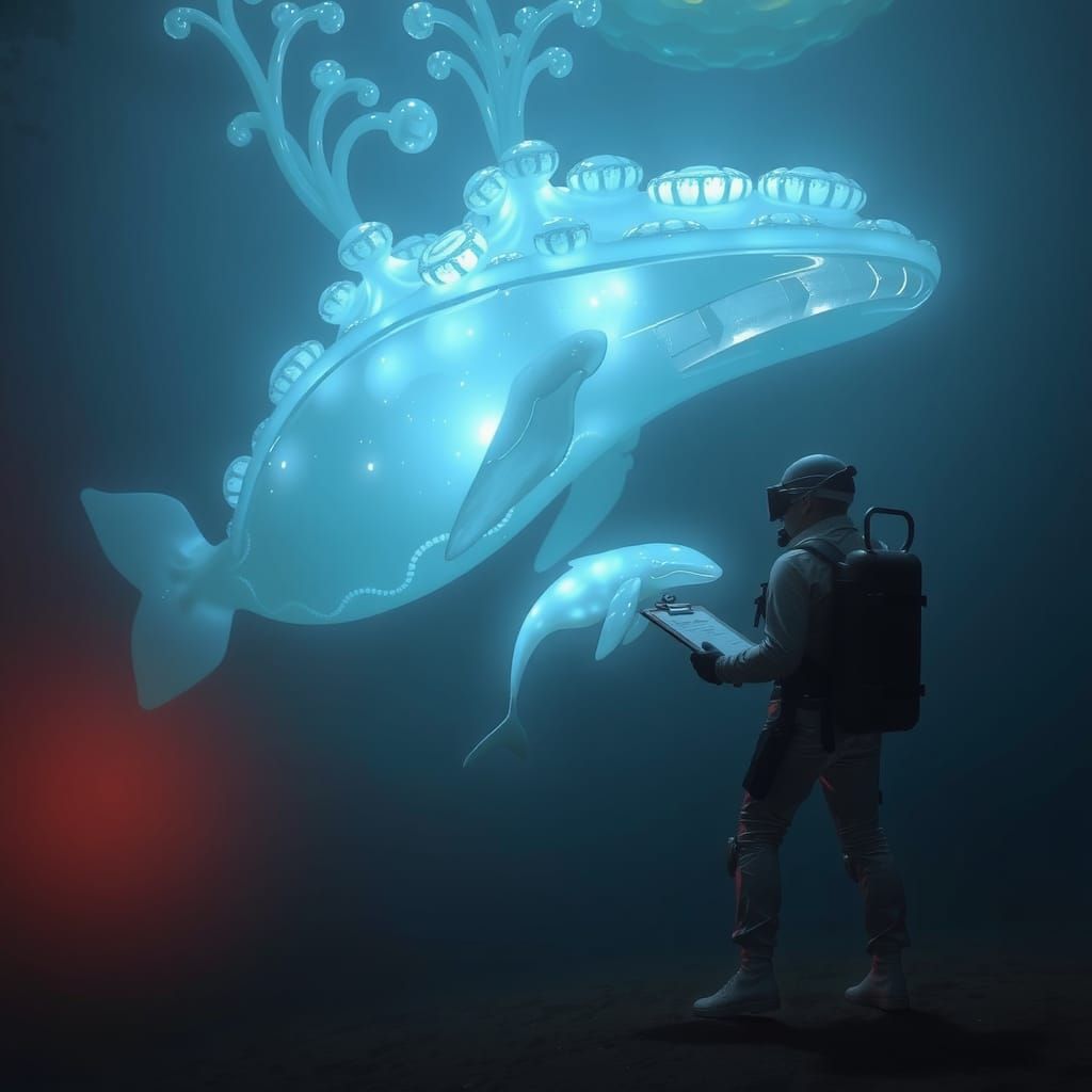 Underwater Glass Sculpture with Whales in Ethereal Light