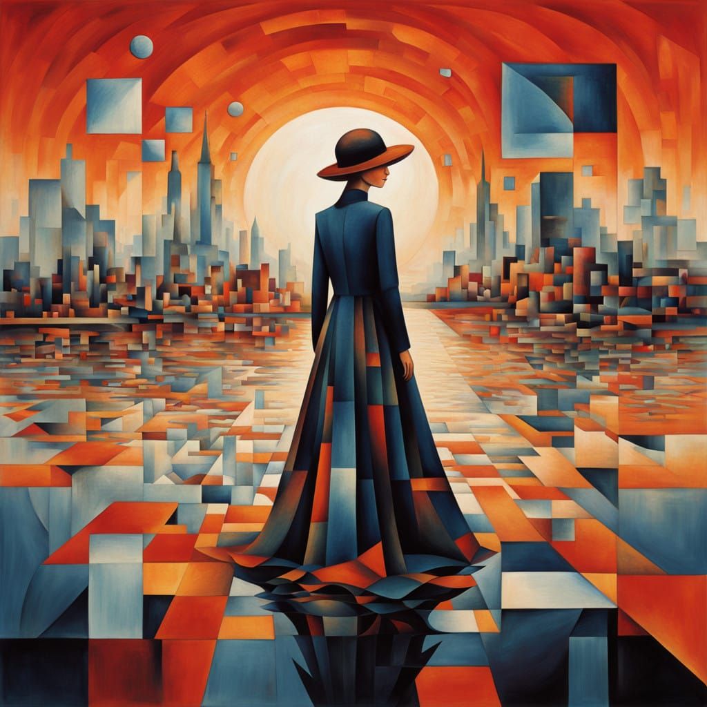 Ethereal Woman in a Cubist Future Scene, a Dreamlike Pond Vi...