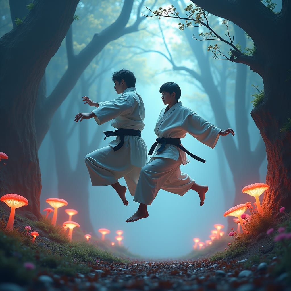 Dynamic Judo Throw in Mystical Forest, Digital Matte Paintin...