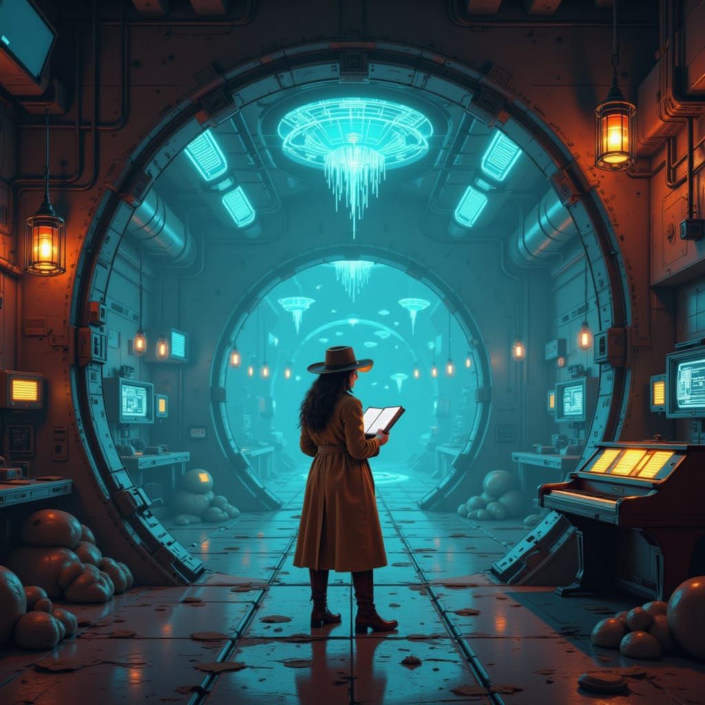 Cowgirl Reads Holographic Book in Underwater Lab