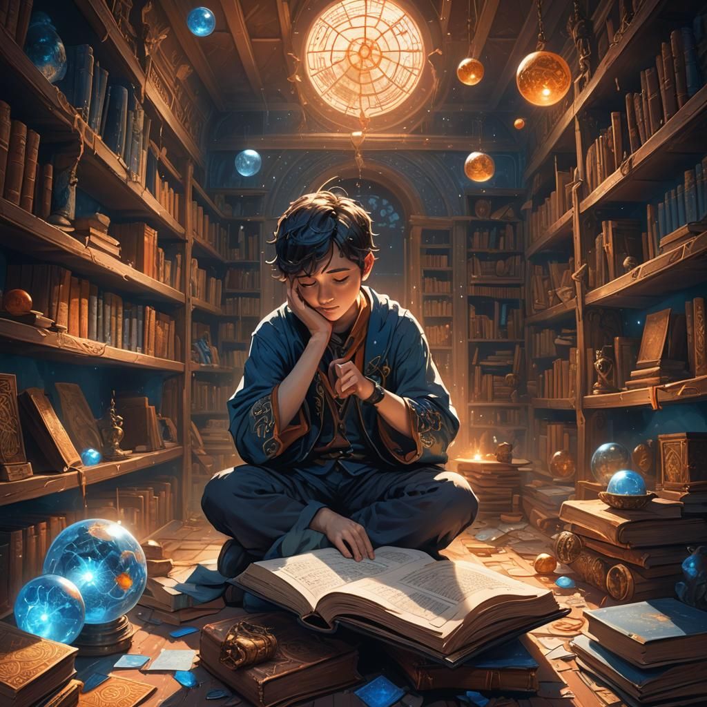 Boy Crying in Mystical Classroom: Fantasy Concept Art