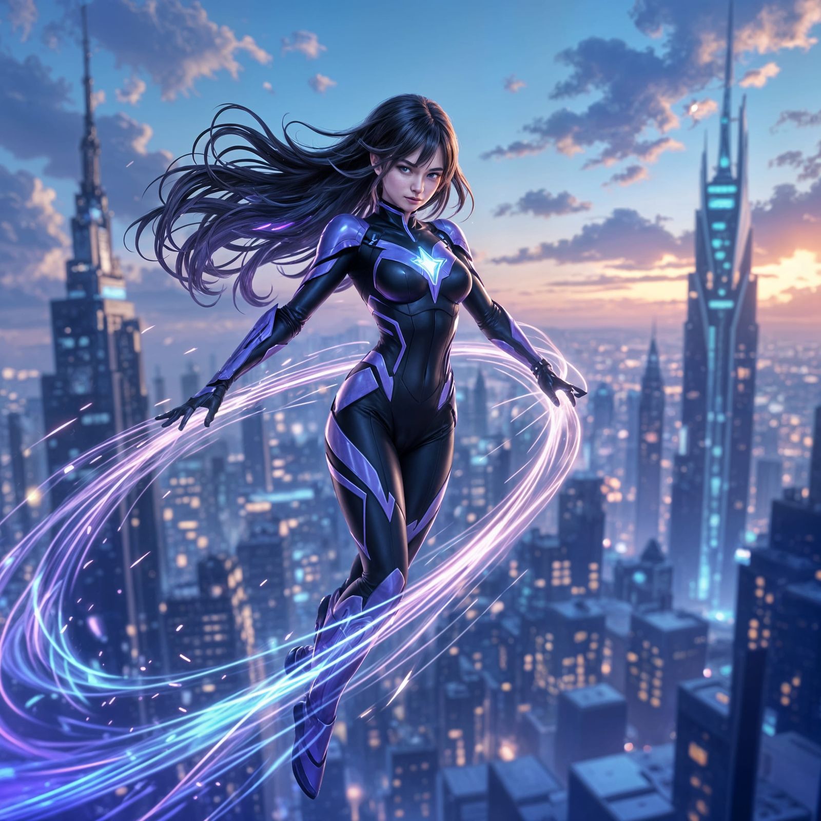 Anime Superheroine Soars Over Futuristic Cityscape