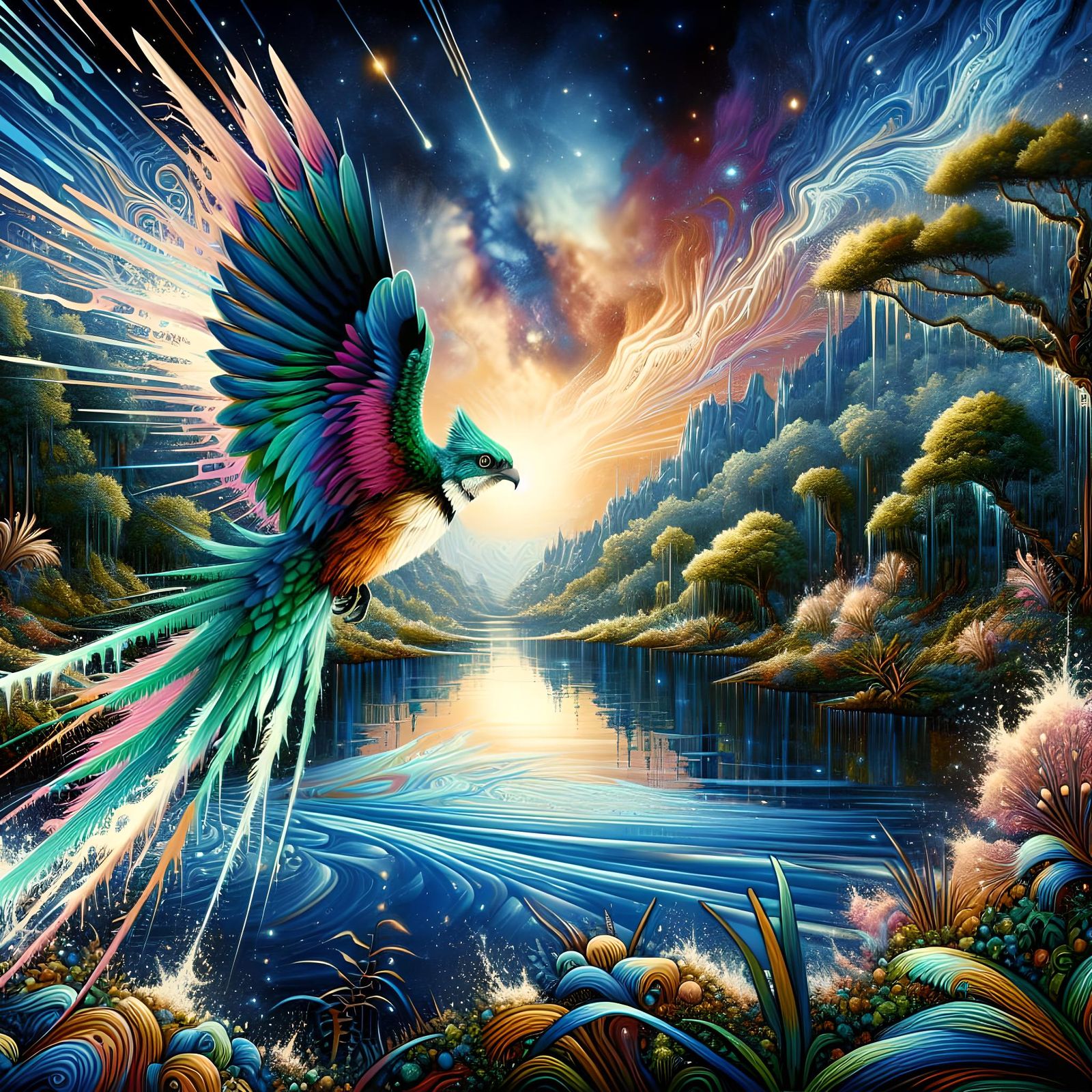 Mystic Quetzal Flies Over Jungle Lake
