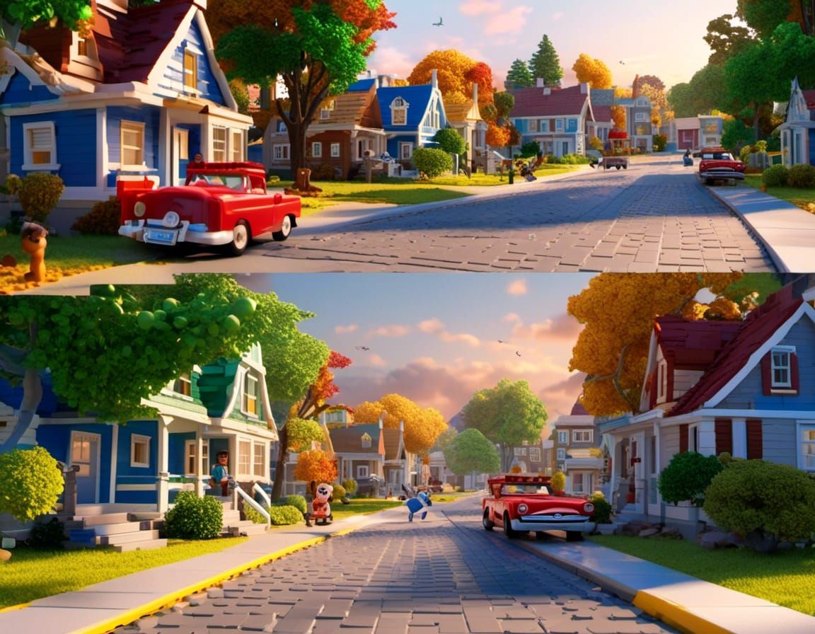 Lego-Style Pixar Scene: Cars Speeding in Suburbia