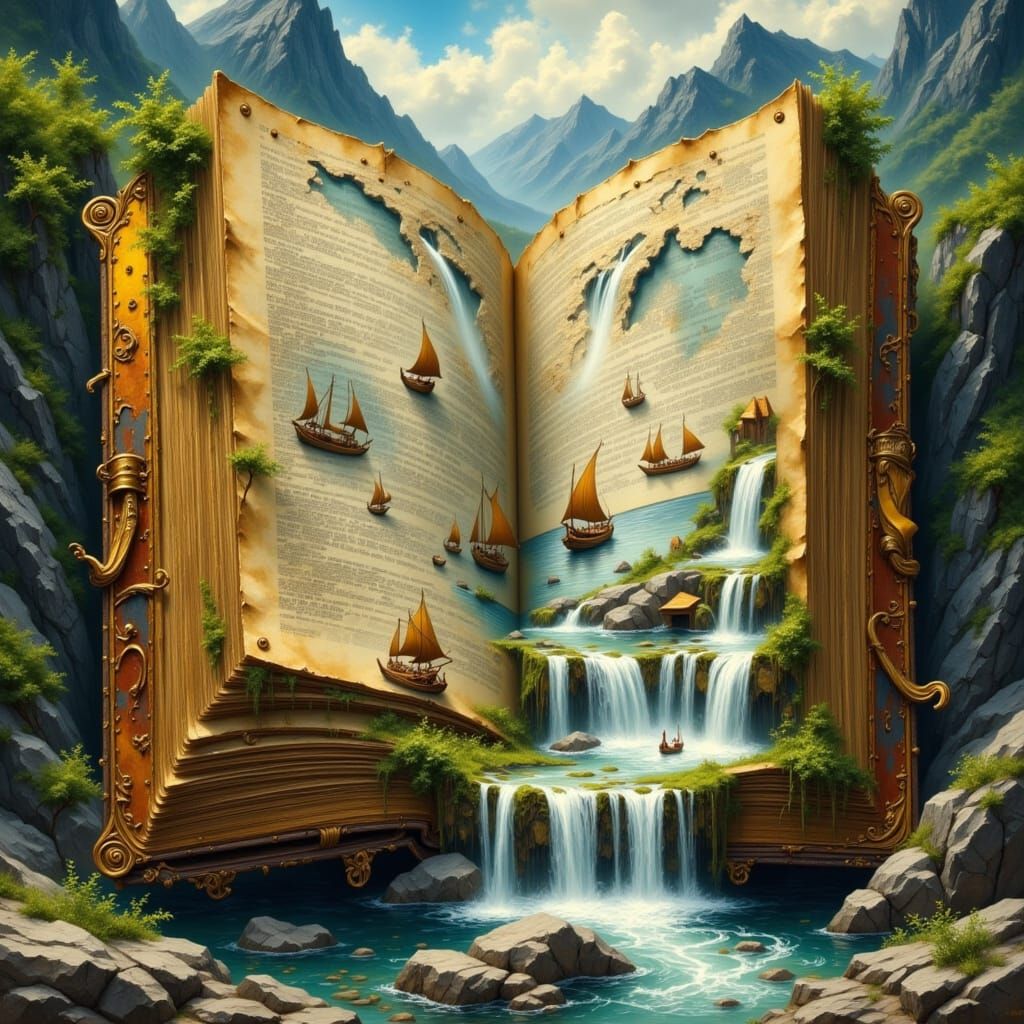 Book Pages Flow Into Majestic Waterfalls