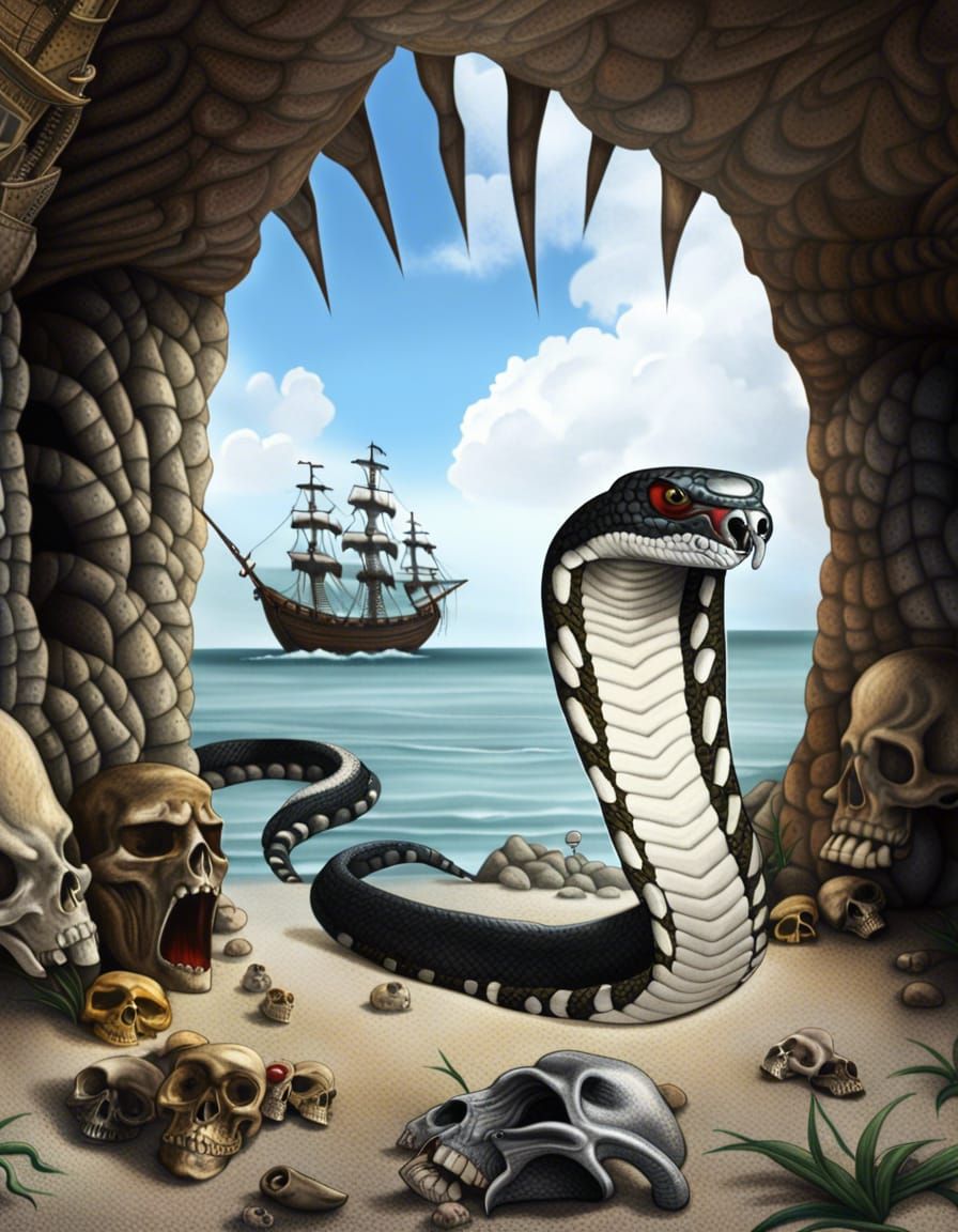 Photorealistic Cobra Snake Guarding Pirate Treasure