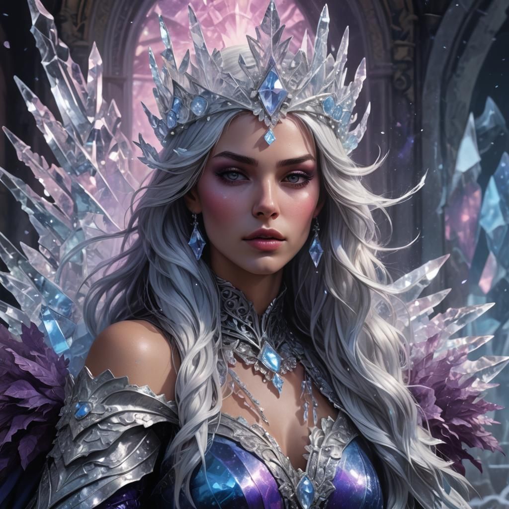Icy Crystal Queen on Throne: Dark Fantasy Portrait