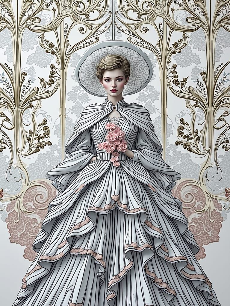 Art Deco Woman in Peach Ostrich Feather Coat