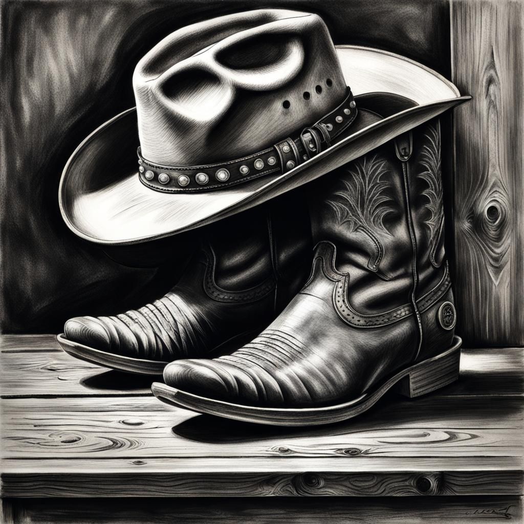 Worn Cowboy Boots in Charcoal Drawing