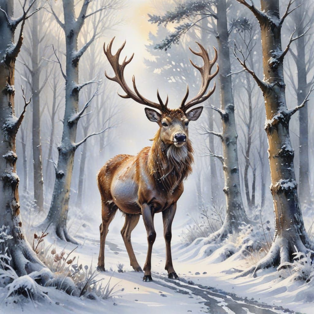 Mystic Stag in Snow-Clad Woodland: Wet-on-Wet Watercolor