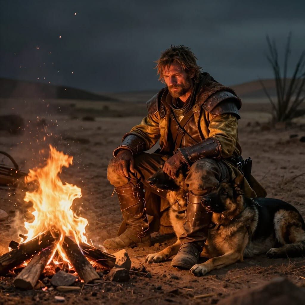 Post-Apocalyptic Traveler and Dog by Campfire