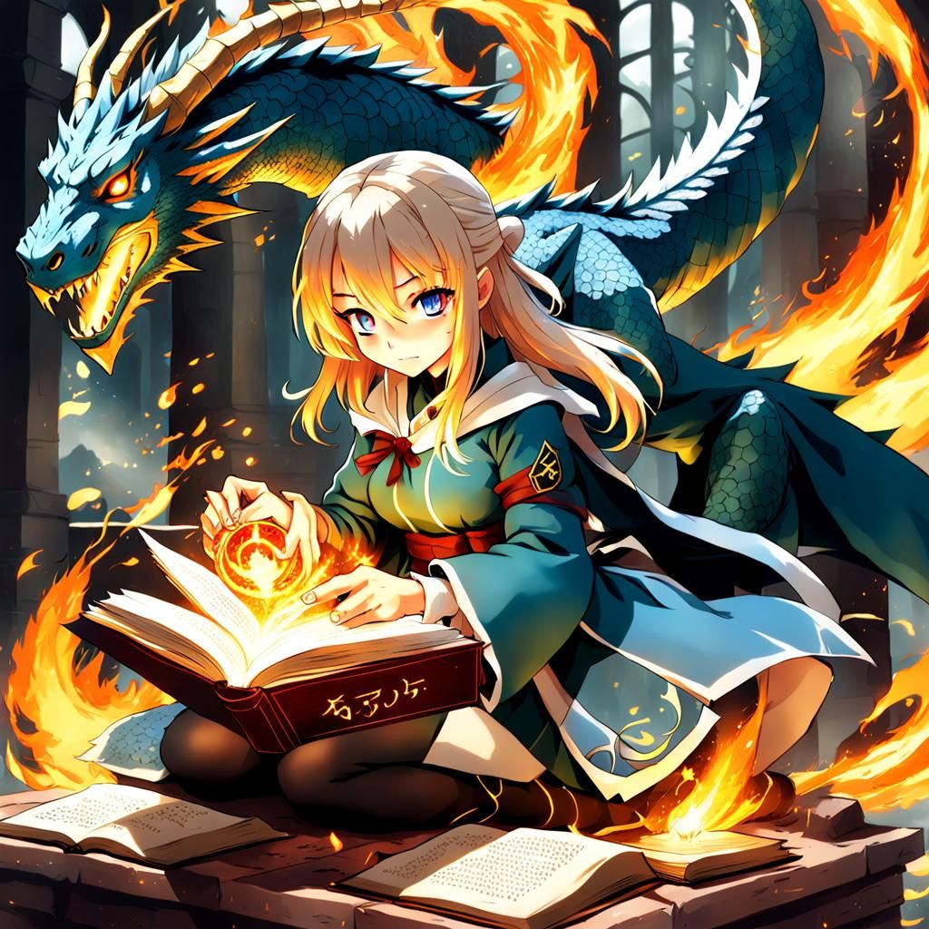 Girl Reads Magical Spell Book in Anime Style