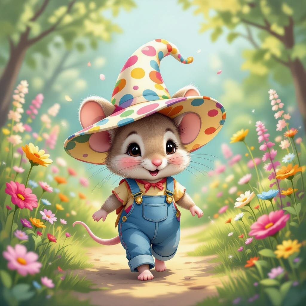 Mouse in Garden with Jellyfish Hat, Fantasy Illustration