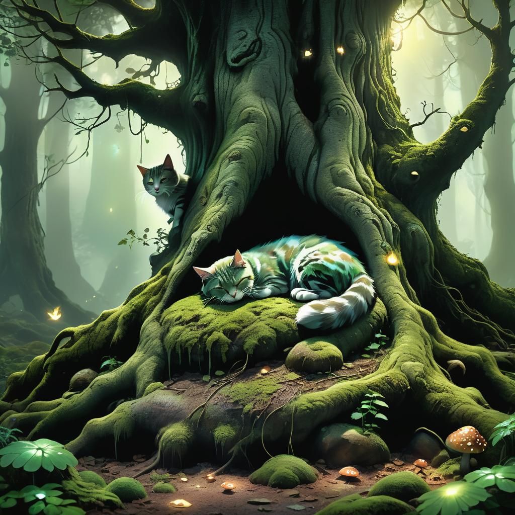 Cat Asleep in Enchanted Forest Concept Art
