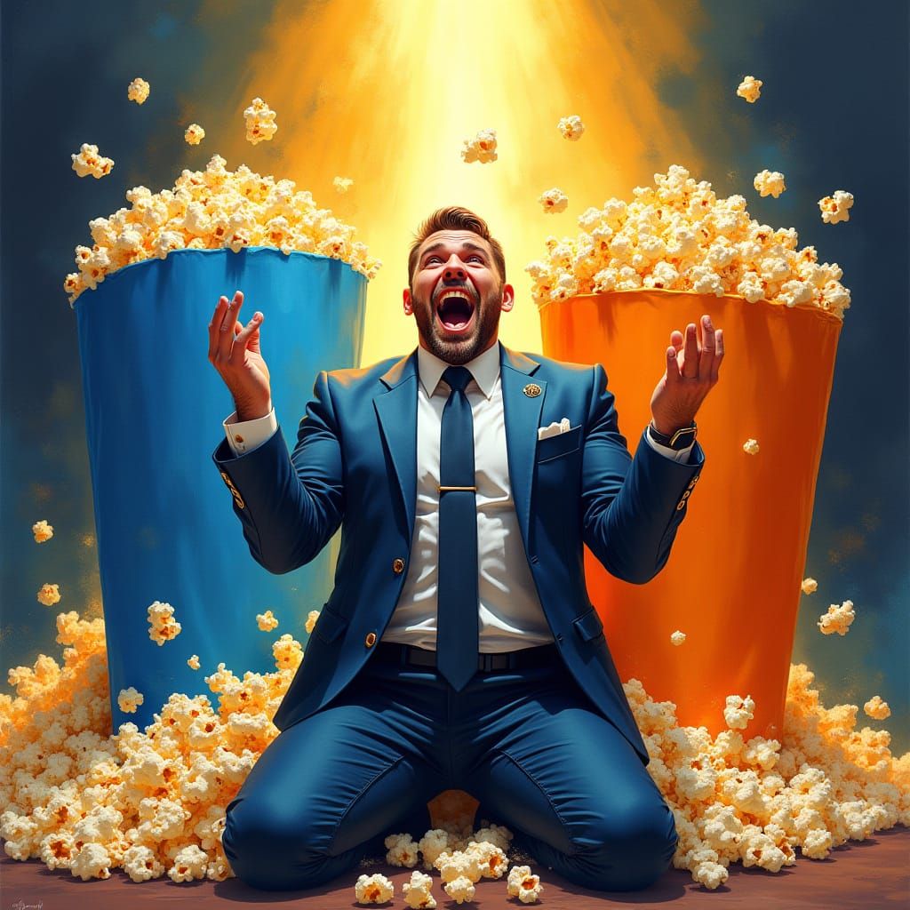 Epic Heroic Man in Opulent Suit Cheers Popcorn
