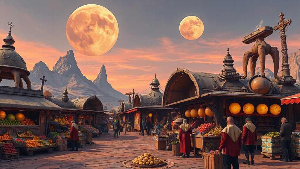 Alien Marketplace with Exotic Goods Under Two Moons