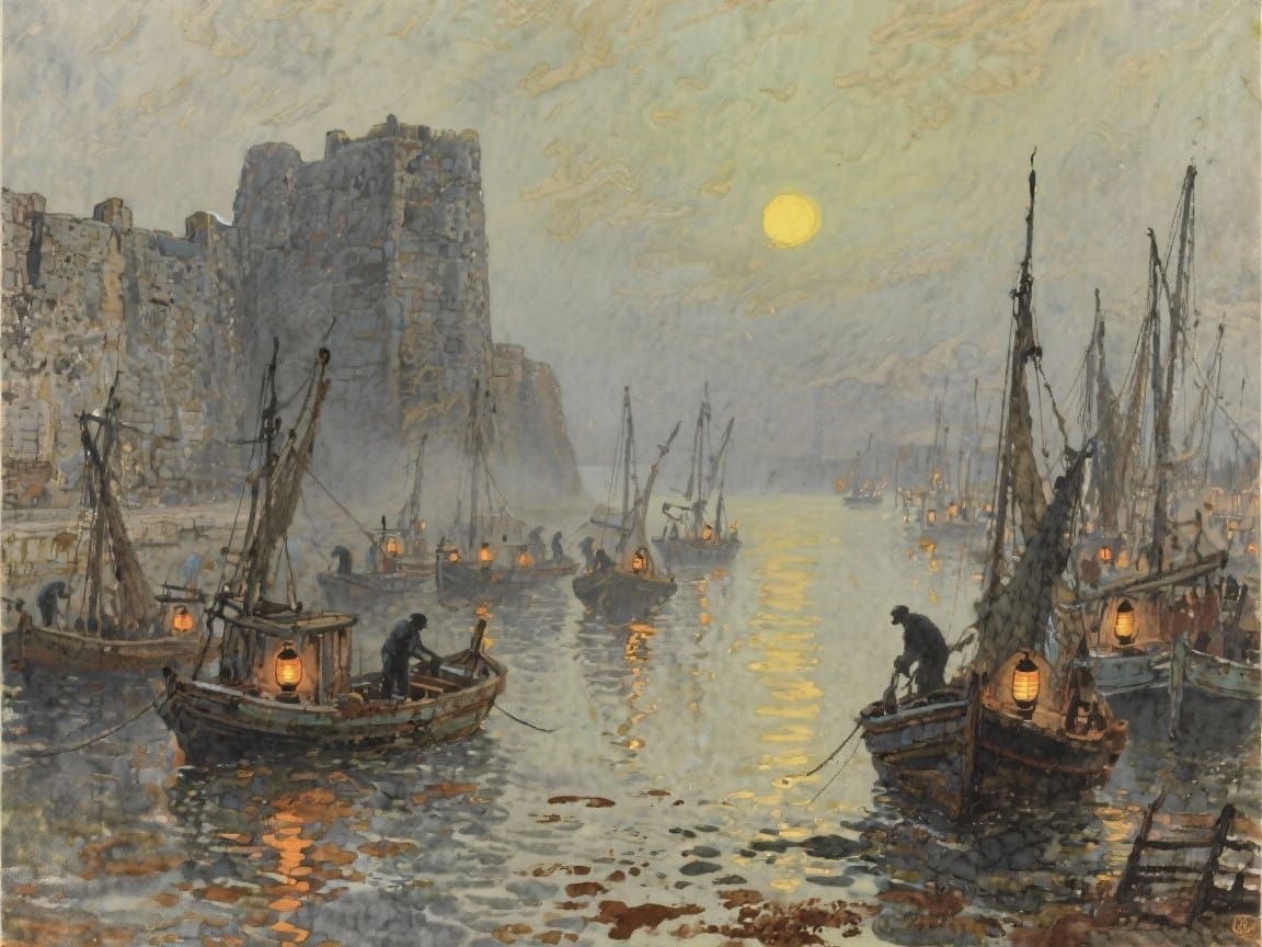 Misty Harbor Fleet Illuminated by Glowing Lanterns