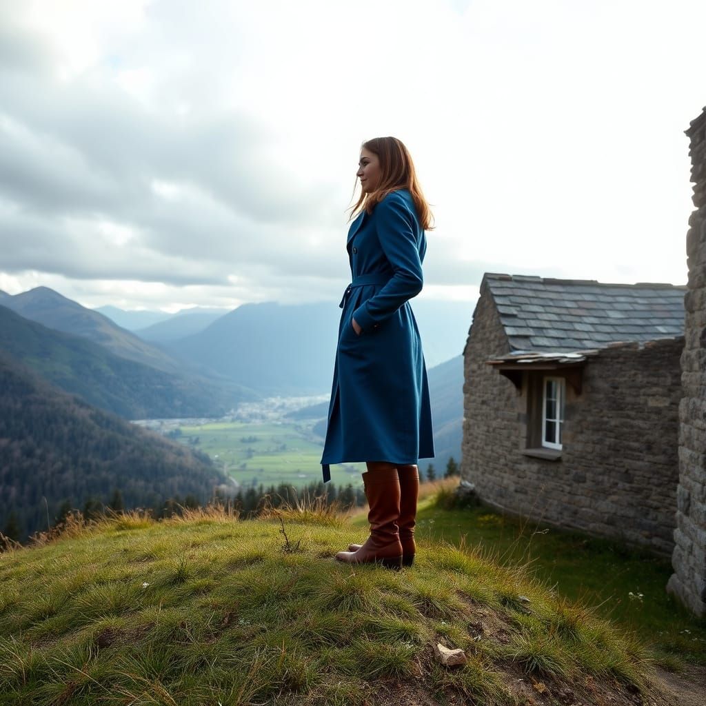 Woman Overlooking Valley with Mountains and Old Building